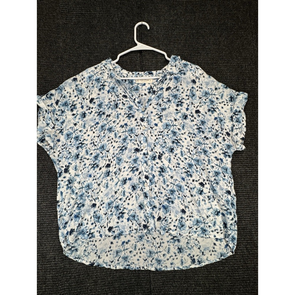 Lucky Brand Women's XL Blue White Floral Button Front Short Sleeve Blouse